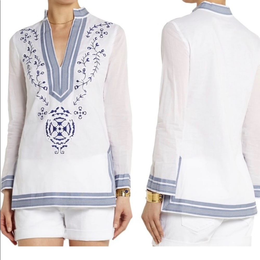 Tory Burch White and Blue Embroidered Tunic